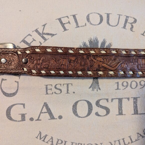 1979 Tex Tan Leather Belt with Nocona bull rider buckle main image 4